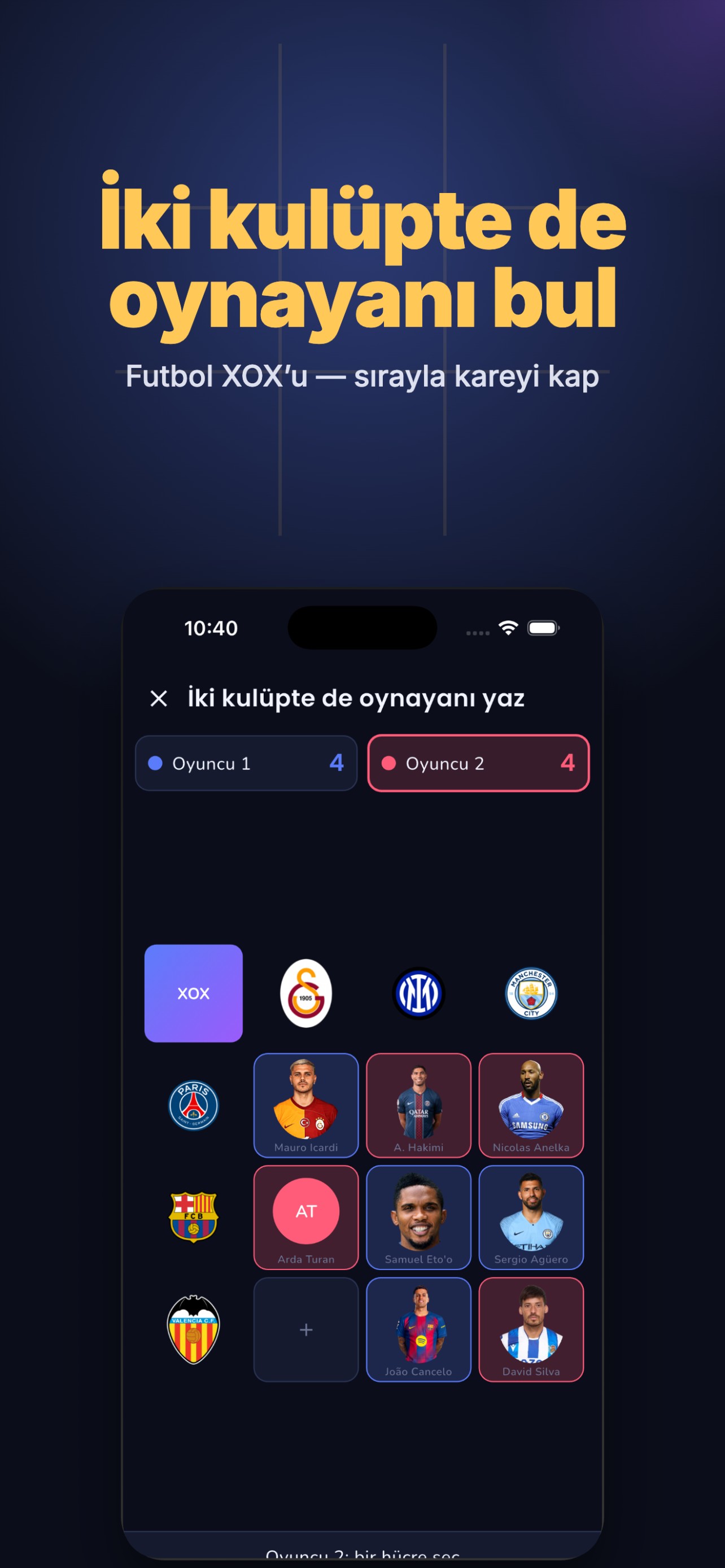 XOX Futbol — iki kulüpte de oynayanı bul